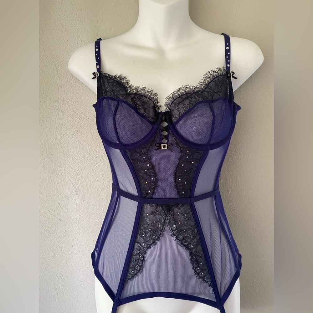 Victoria's Secret Sheer Lace basque corset in Black and purple beaded